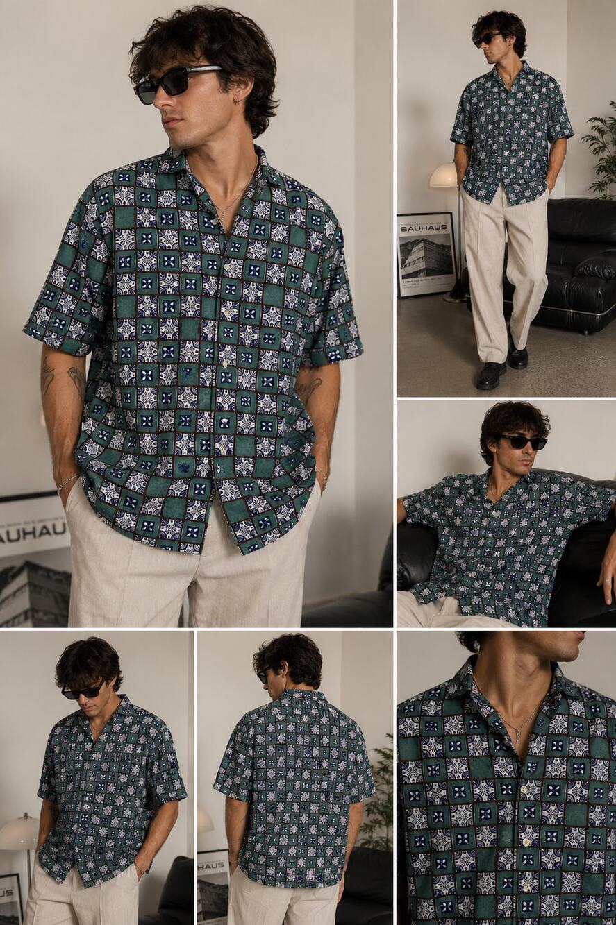 Vintage Chaps Ralph Lauren Button Up Shirt Mens XL Green Tile Print 90s Cotton